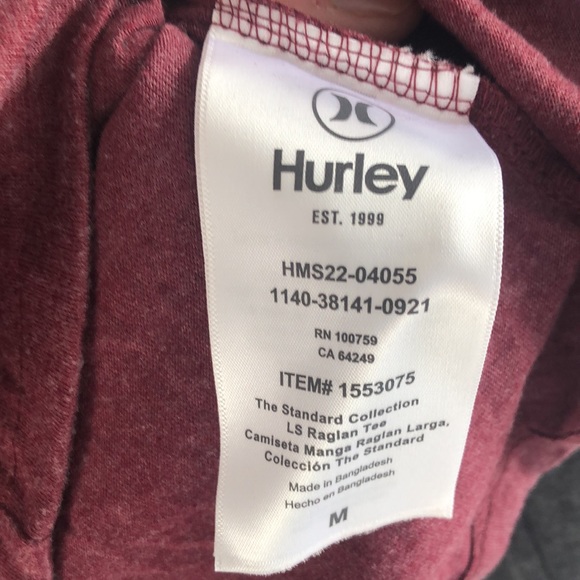 Hurley 3/4 Sleeve Baseball Shirt long Sleeve Tee in Burgundy and Gray - Picture 4 of 5